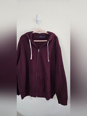 Polo by Ralph Lauren Men's Burgundy Zip-Up Hoodie With Green Pony ( Rare).